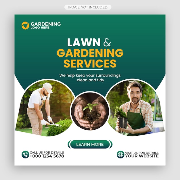 PSD lawn or gardening service social media post and web banner template