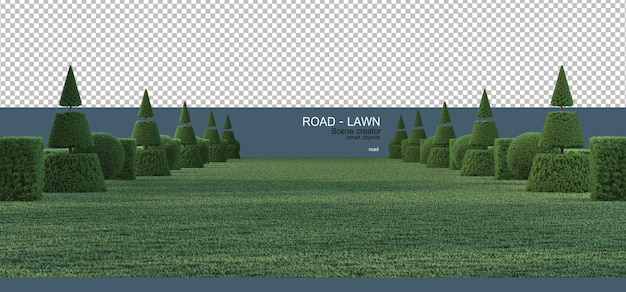 PSD 잔디와 도로는 관목으로 장식되어 있습니다.