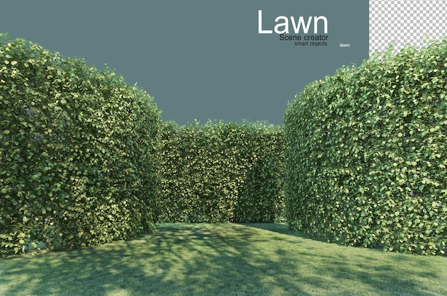 多くの形の芝生と木の壁。
