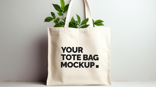 Layout for the design of a simple white canvas shopping bag with green plant leaves