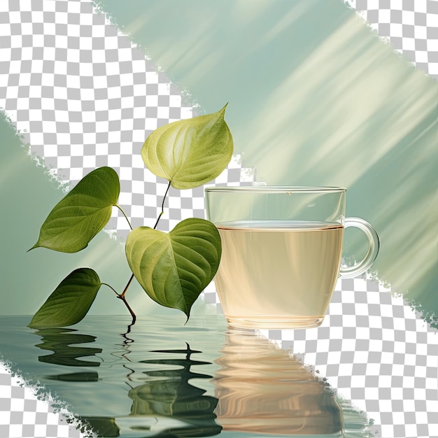 PSD leaf in cup of calm water transparent background