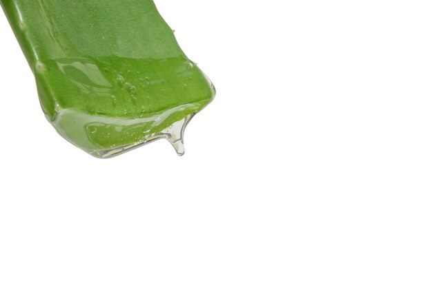 PSD leaf of green fresh aloe vera with dripping clear gel on a white background