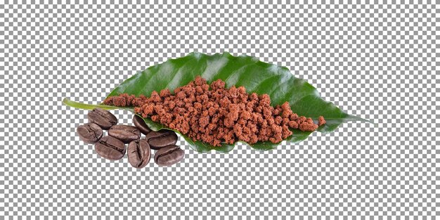 PSD a leaf with coffee beans and and coffee powder on transparent background