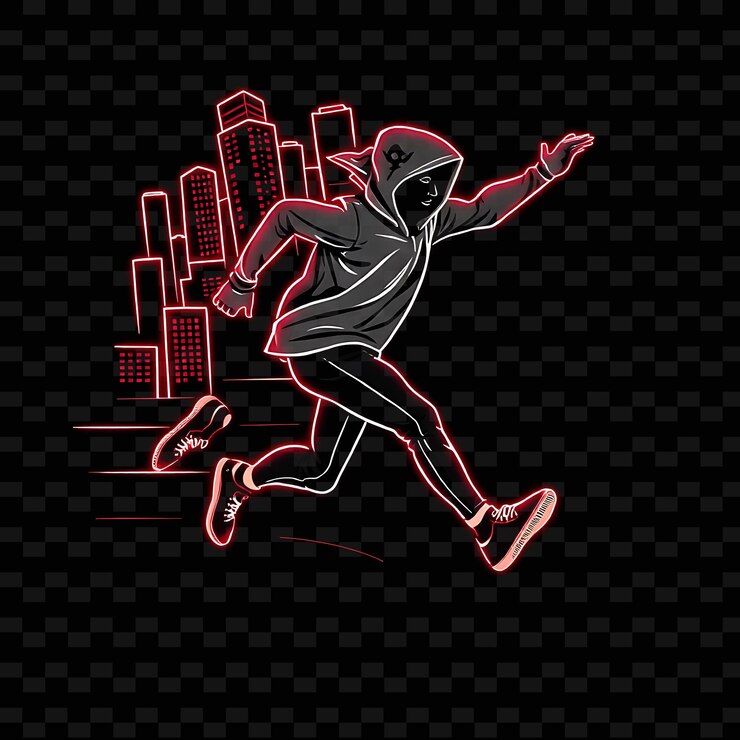 PSD lean parkour runner with shoes neon urban art design with dynamic gray and red mixed color decor