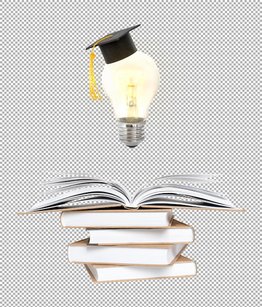 learning and idea concept glowing light bulb with a graduate cap above an open book on a stack of books
