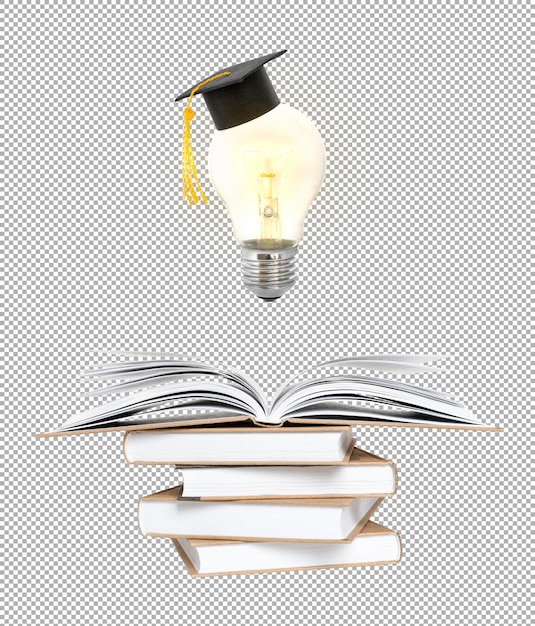 Learning and idea concept glowing light bulb with a graduate cap above an open book on a stack of books