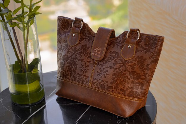 PSD leather bag mock-up design with engraved pattern