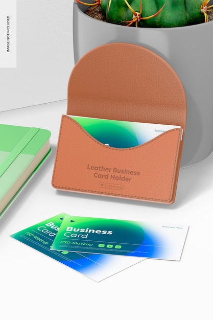 Leather business card holder mockup, leaned