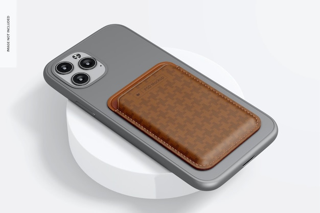 Leather card holder for smartphone mockup, on podium