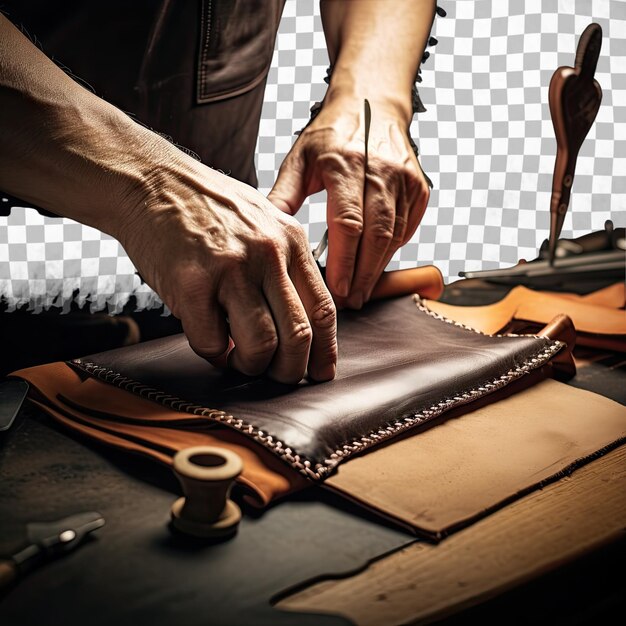 PSD leather craftsman making a new lining for a wallet isolated on black background retro vintage loo