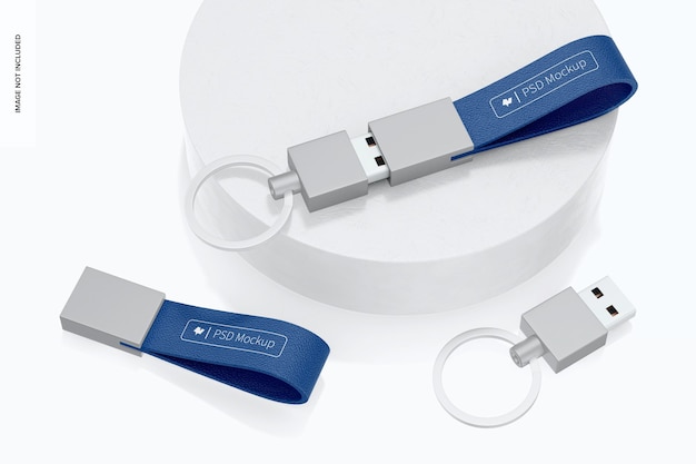 PSD Кожаные брелки usb mockup, на поверхности