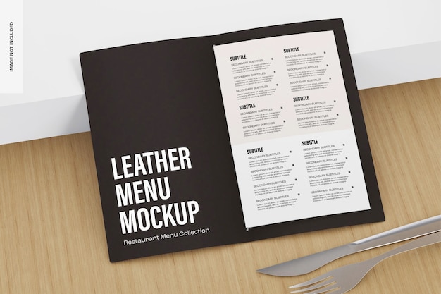 PSD leather menu mockup, high angle view