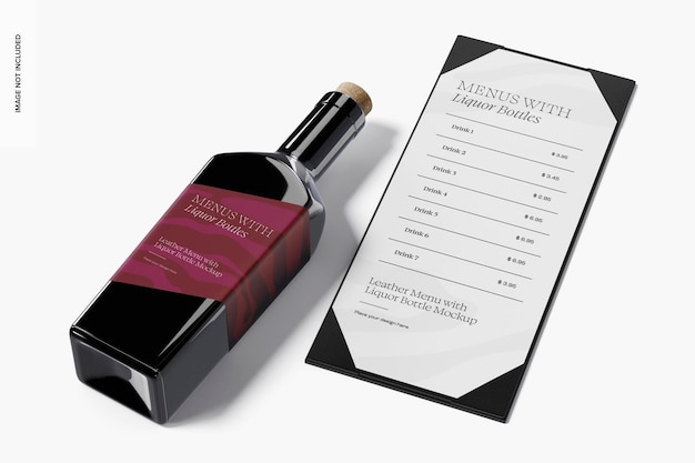leather menu with liquor bottle mockup, perspective