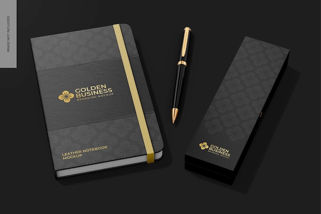 PSD leather notebook mockup with pen