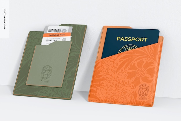 PSD mockup porta passaporto in pelle, inclinato