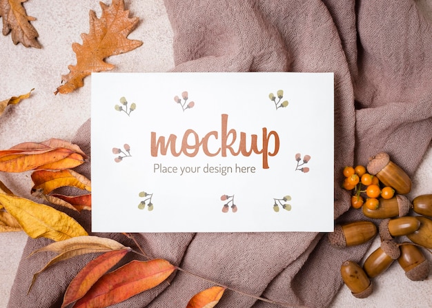 Leaves and nuts on cloth autumn mock-up