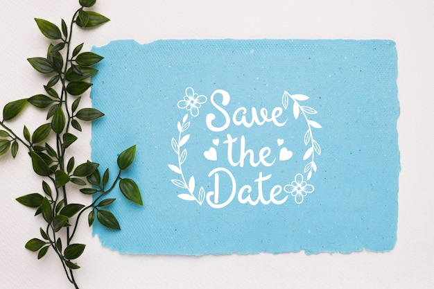 PSD leaves with blue save the date mock-up