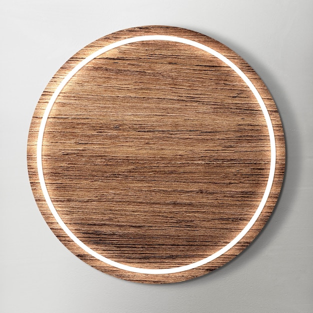 LED framed on round wooden background mockup