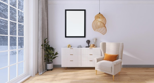 Leeg fotolijstmodel in modern woonkamerbinnenlandontwerp met witte achtergrond, bank, licht