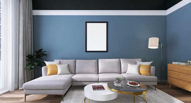 Leeg fotolijstmodel in moderne woonkamerinterieurontwerpscène met grijze banktafelwand