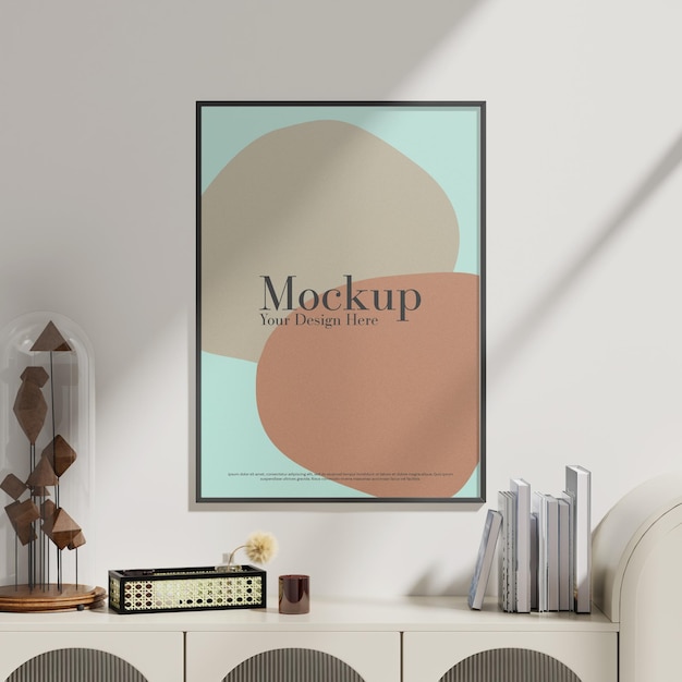 Leeg raam mockup en bureau tafel in de woonkamer