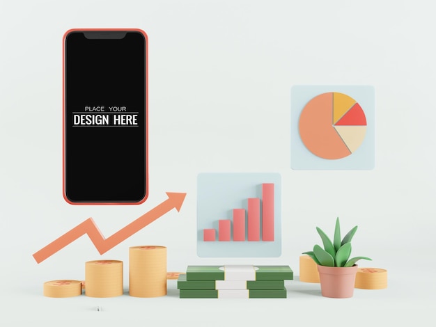 Leeg scherm slimme telefoon mockup met geld en grafieken