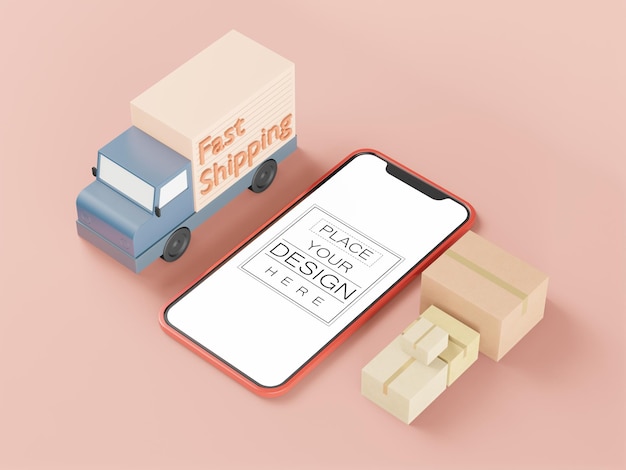 PSD leeg scherm smartphone mockup met snelle verzending vrachtwagen