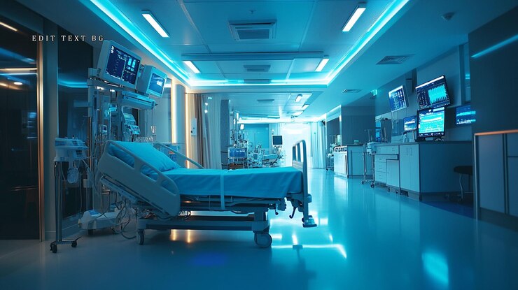 PSD leeg ziekenhuis gang met een bed en medische apparatuur onder blauwe verlichting