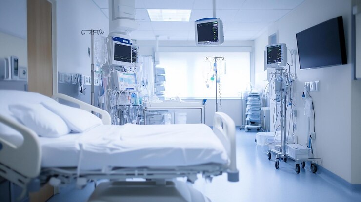 PSD leeg ziekenhuiskamer met medische apparatuur en bed