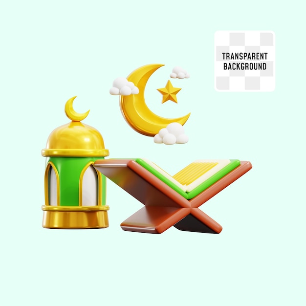 lees koran met traditionele lantaarn lamp en halve maan voor ramadan activiteit heilige maand 3d icoon illustratie render ontwerp