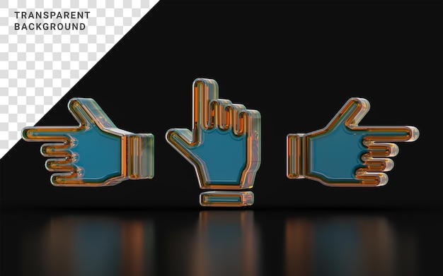 Left right and up hand direction sign with glass morphism on dark background 3d illustration