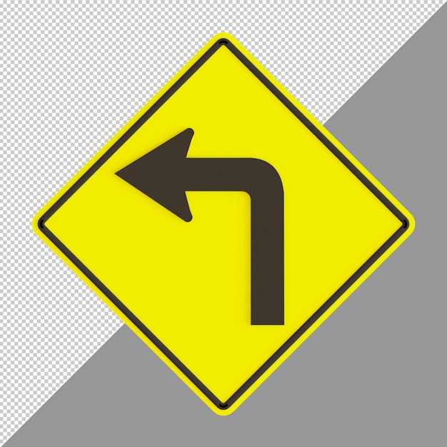 PSD left turn road sign yellow 3d render illustration