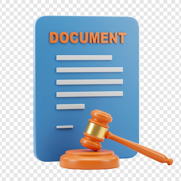 Legal Document with Gavel 3D Cartoon Illustration on transparent background