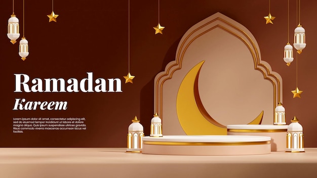 lege ruimte wit bruin podium in landschapsmaan, sterren en lamp ramadan kareem, 3d weergave