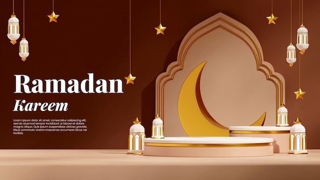 Lege ruimte wit bruin podium in landschapsmaan, sterren en lamp ramadan kareem, 3d weergave