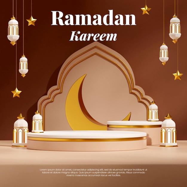 Lege ruimte wit bruin podium in vierkante maan, sterren en lamp ramadan kareem, 3d weergave