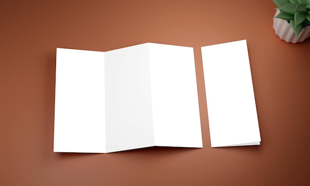 PSD lege triifold-brochuresjabloonset en 3d-plantpot op bruine achtergrond