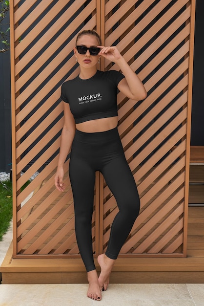 PSD leggings and top mockup on girl outdoor