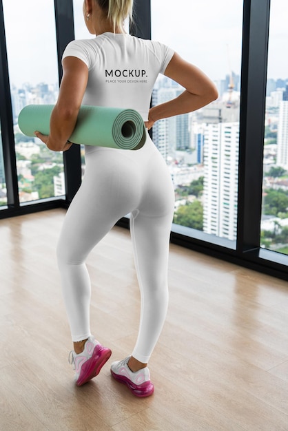 PSD leggings and top mockup on girl in yoga room