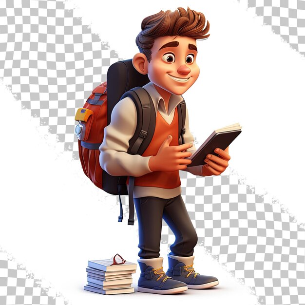 PSD a lego figure of a boy with a backpack and a book.