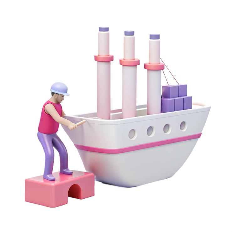 PSD a lego figure is standing on a small platform with a boat in the background