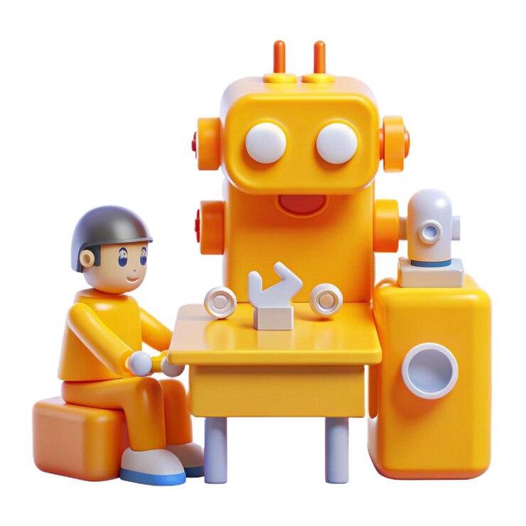 PSD a lego man sits next to a yellow robot