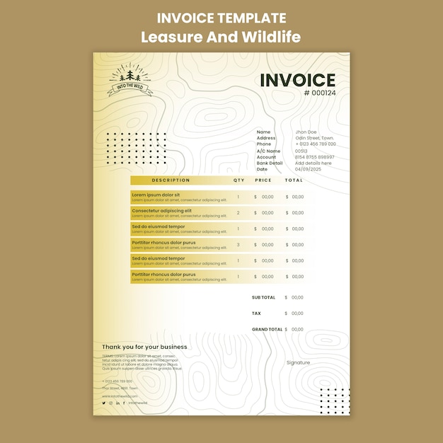 PSD modello di fattura per il tempo libero e la fauna selvatica