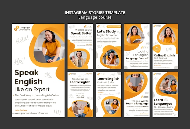 Lekcje języka angielskiego kolekcja opowiadań na Instagramie z efektem płynnym