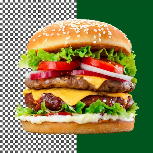 Lekker dubbele cheeseburger met sla, tomaten en uien op een doorzichtige achtergrond png psd