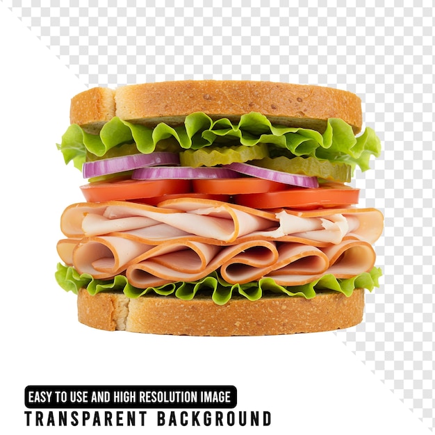 Lekker kalkoenbroodje met verse groenten en een doorzichtige achtergrond.