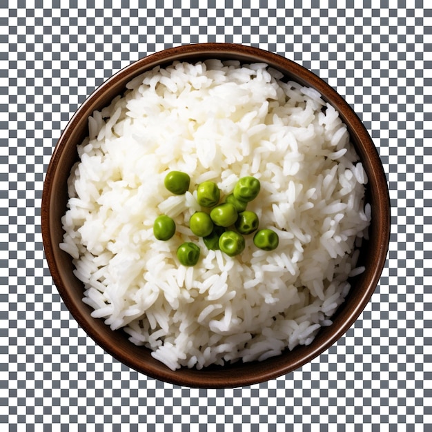 PSD lekkere gekookte witte rijst met groene erwten bovenaanzicht geïsoleerd op transparante achtergrond