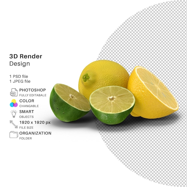 Lemon and Lime 3D Modeling PSD-fil Realistisk sitron