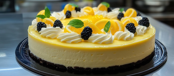 PSD lemon cheesecake with blackberries and lemon zest