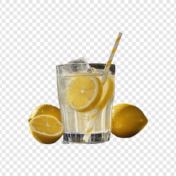 PSD lemon juice with ice cubes isolated on transparent background